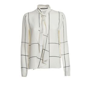Tory Burch Window Pane Check Silk Windsor Tie Ivory Long Sleeve Blouse, S/6
